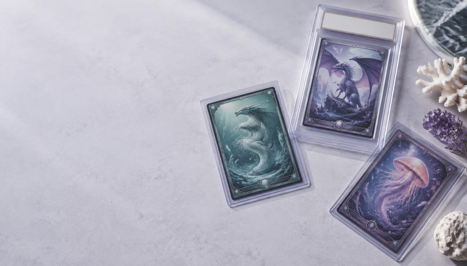 Cartes de collection illustrées dans leurs protections